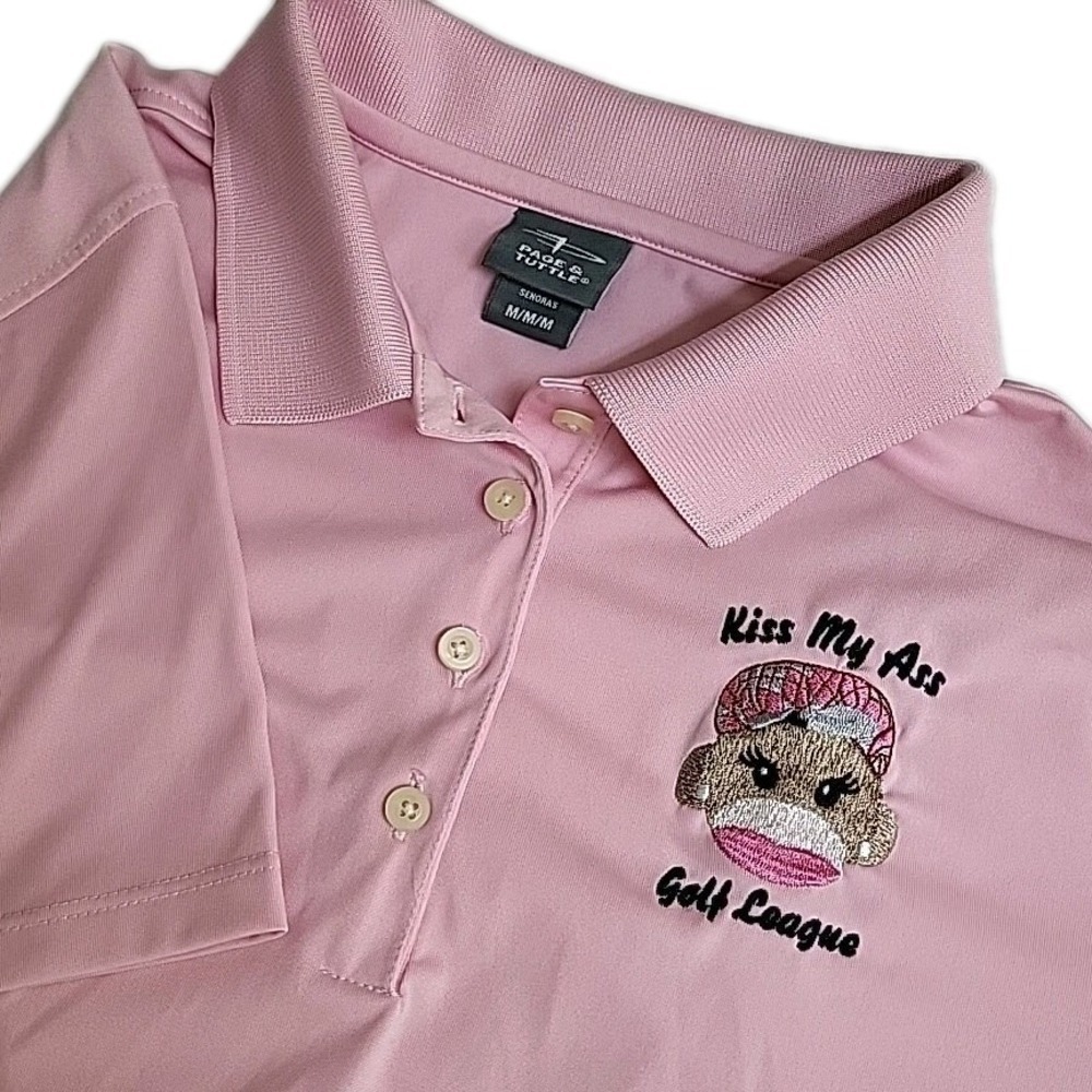 Page & Tuttle Women's Size Med Polo Shirt Pink Collared‎ Kiss My Ass Golf League